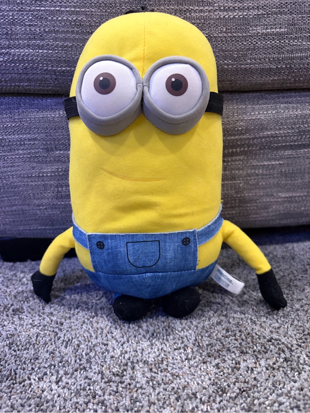 Yellow Plush Minion-Inspired Soft Toy with Blue Overalls